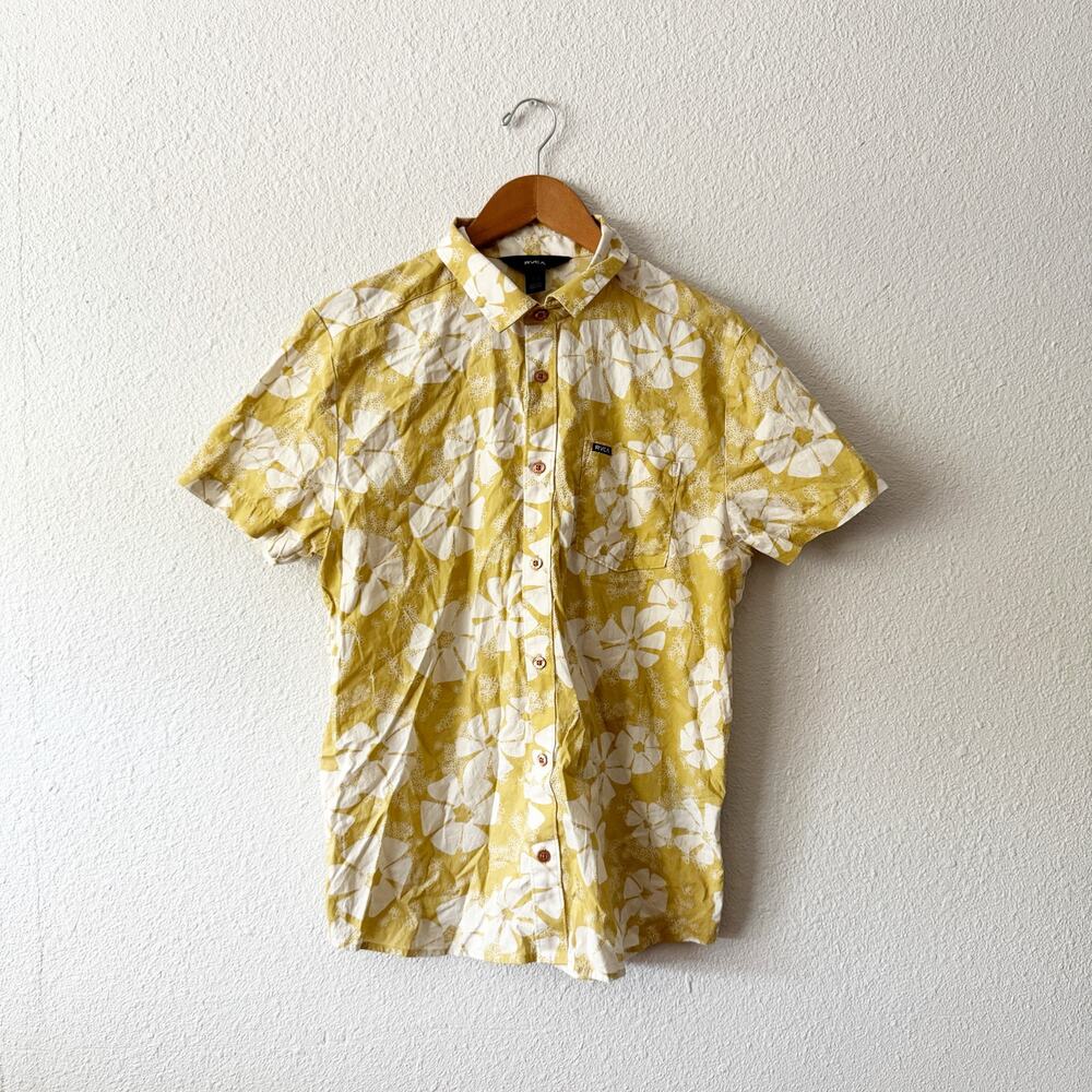 RVCA Aloha Shirt Mens Medium Floral Yellow Hawaii Luau Lole